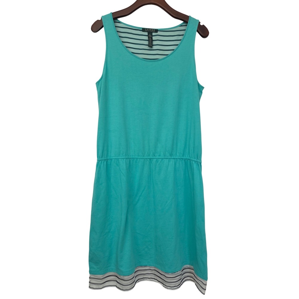 Lauren Ralph Lauren Knit Dress Sleeveless Striped Trim Womens L Teal